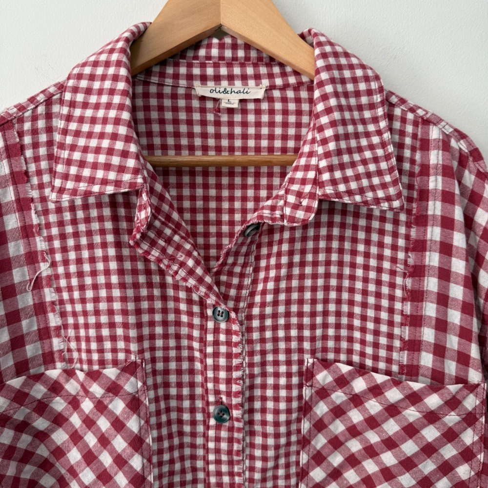 Oli & Hali Multi Buffalo Check Fringe Button Up Top Shacket L Red Side Pockets - Picture 3 of 9